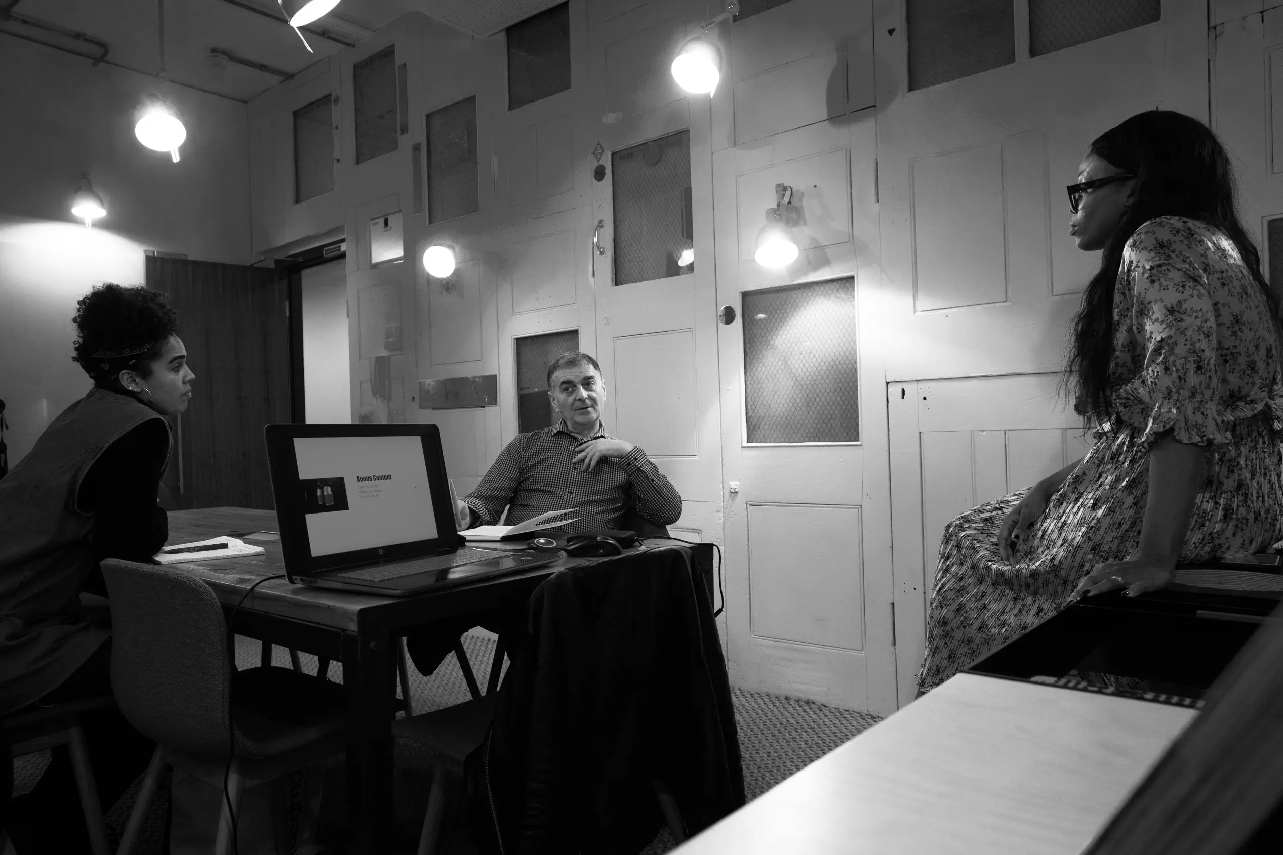 Decision authority diagnostic session with Bess Obarotimi facilitating a leadership discussion on organisational decision making. Alternative (also strong): Leadership workshop during a decision authority diagnostic examining how decisions move across an organisation.