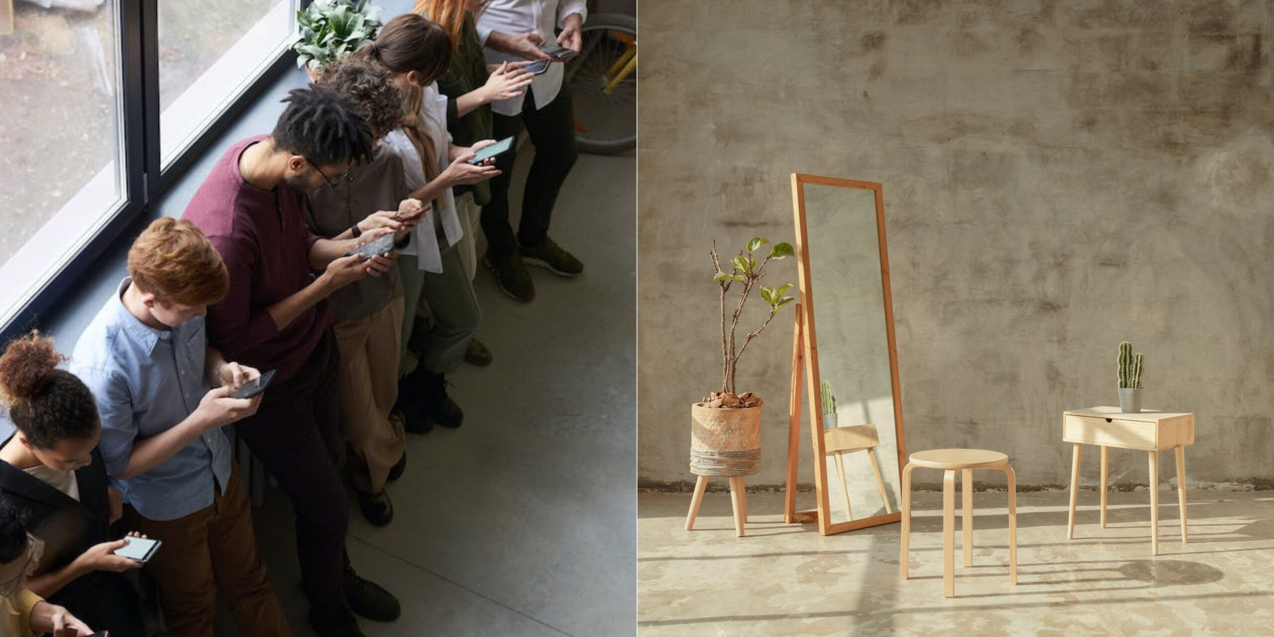 A diptych image contrasting two scenes. On the left, a group of people stand in line by a window, each engrossed in their smartphones, symbolising the pervasive engagement with social media. On the right, a tranquil setting with a tall mirror reflecting a sparsely furnished room with a wooden stool, a desk, and a potted plant, evoking a sense of calm and the space for personal reflection, indicative of escapting the social echoes for authentic creativity on social media.