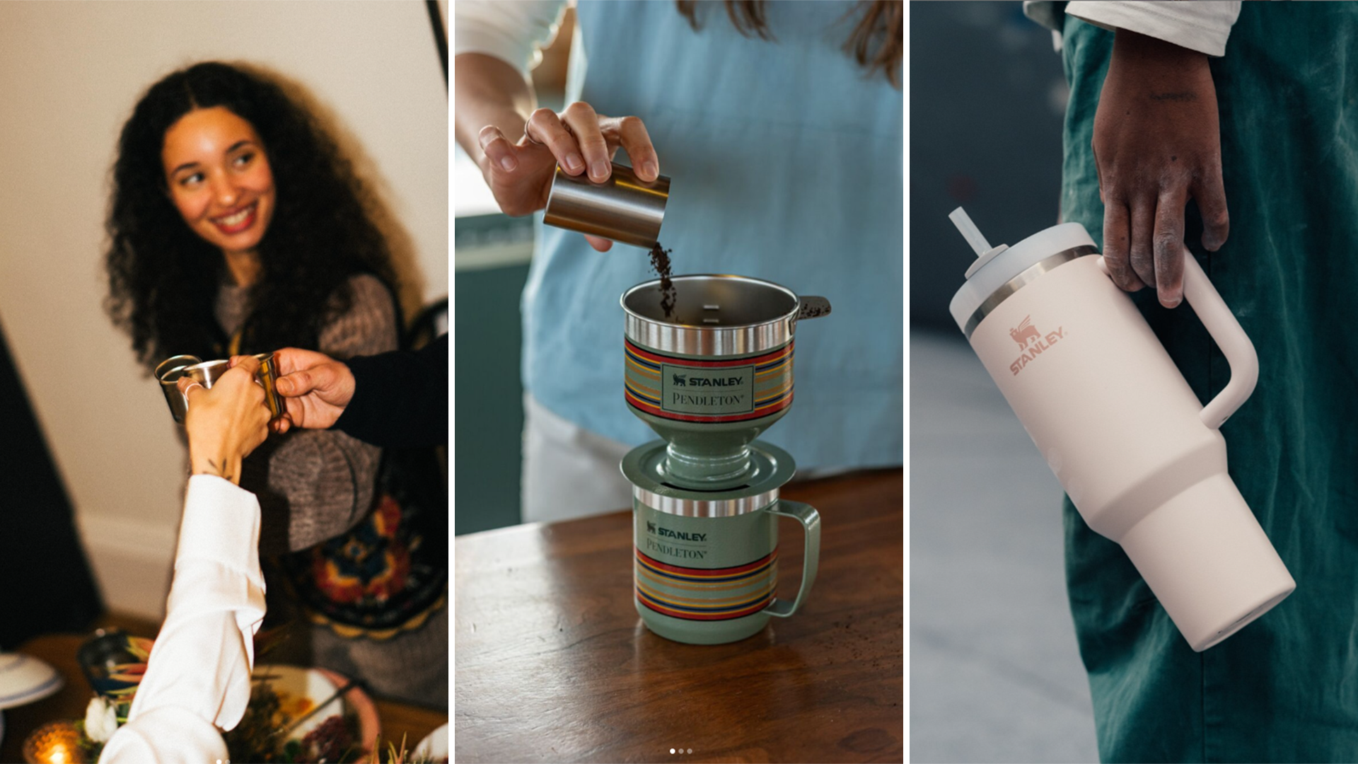 A collage of three images showcasing Stanley products. On the left, a person smiling while receiving a small Stanley cup. In the center, a close-up of hands pouring coffee grounds into a Stanley French press with a striped design. On the right, a person holding a large white Stanley tumbler with a handle. The images depict the everyday use of Stanley products, highlighting their role in social activities and the brand's integration into lifestyle scenes, contributing to Stanley's Social Media Virality.