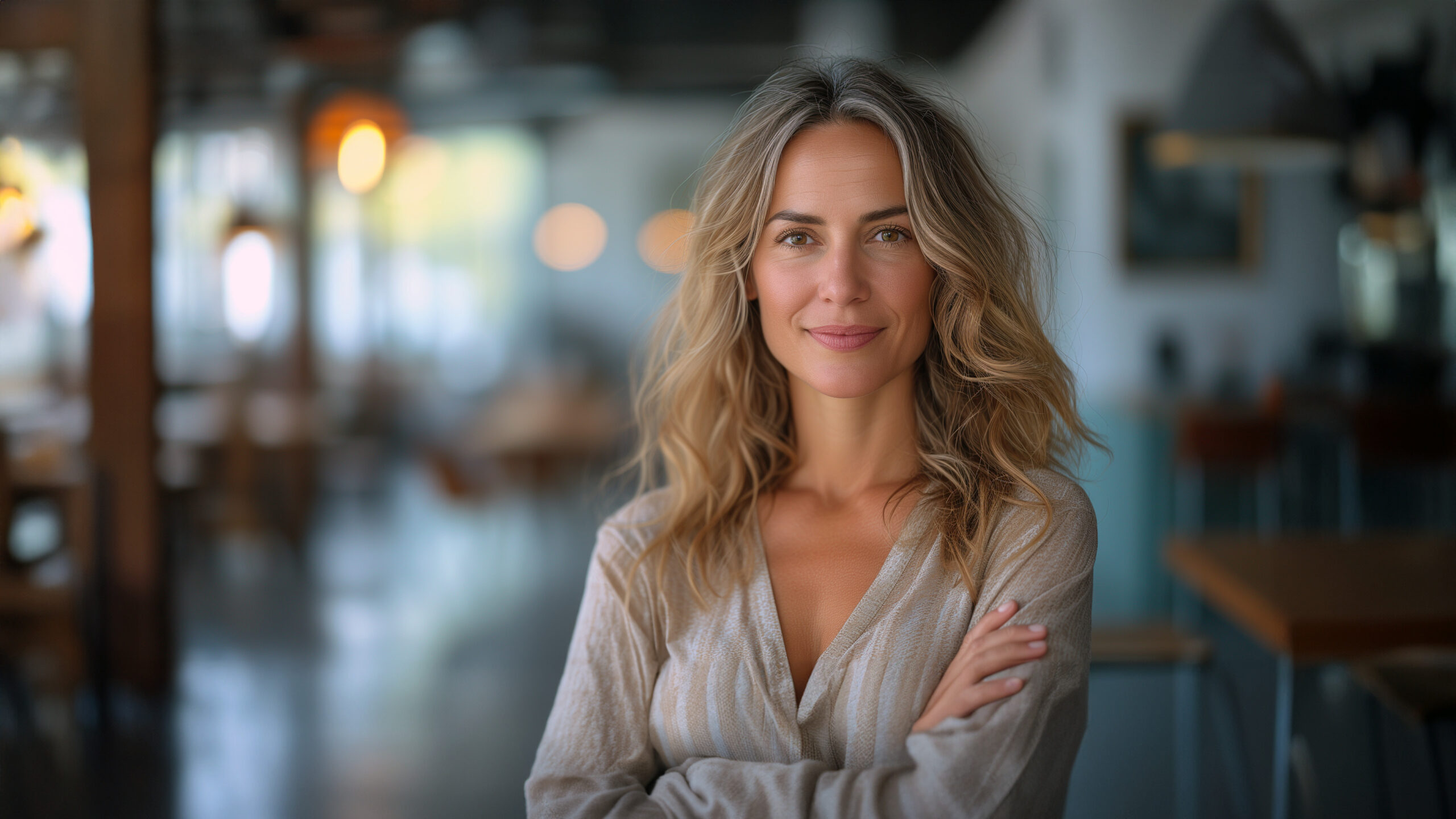 Confident woman smiling in a well-lit room representing thriving after 40