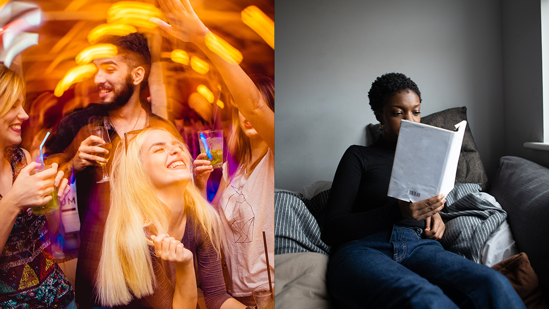 Left image shows a vibrant group of people enjoying a party, depicting extroverted socializing, while the right image captures a woman contentedly reading alone at home, illustrating The Introvert Experience in a Social-Centric Culture.