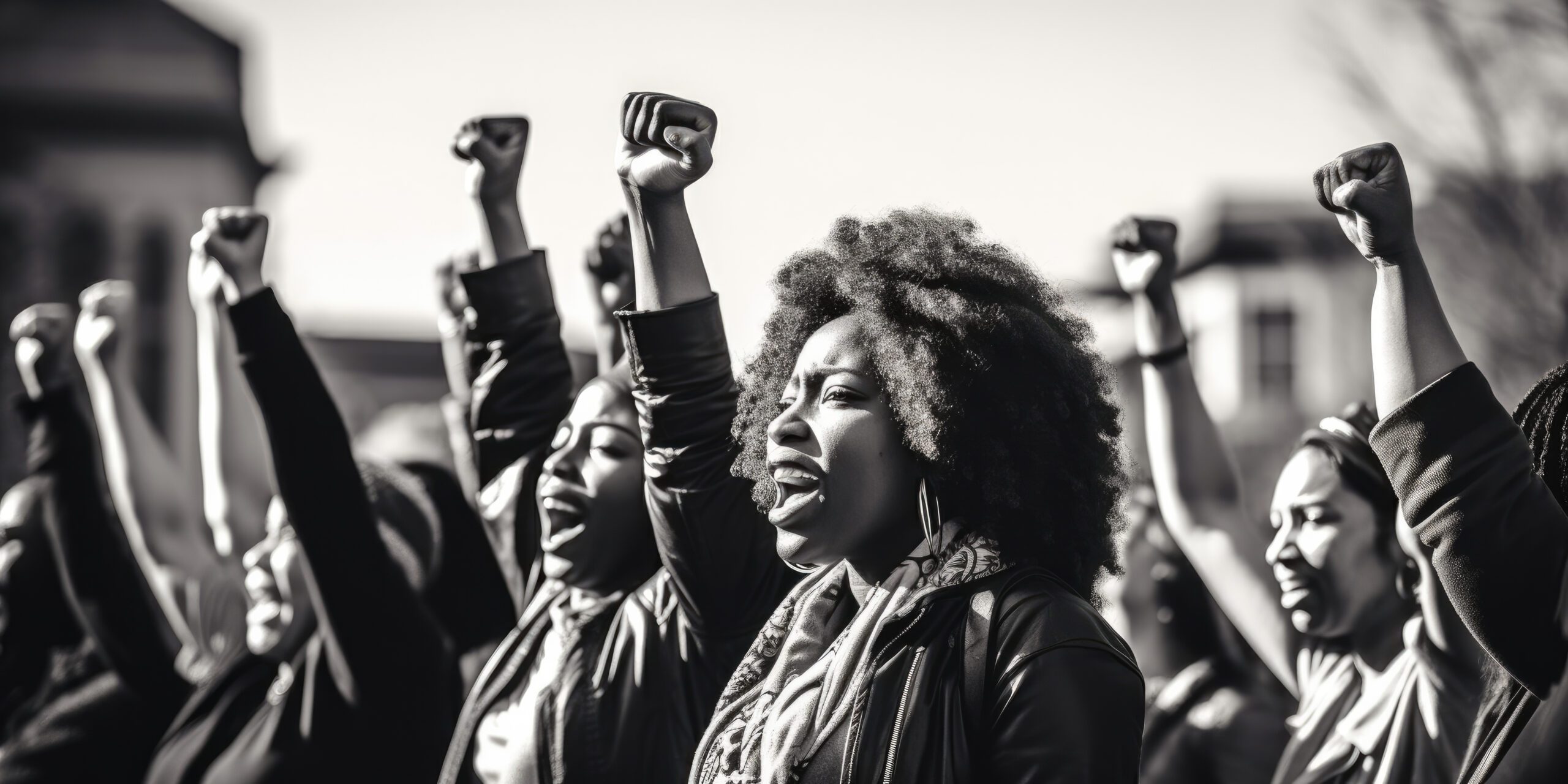 Black women raising fists in protest, symbolising strength and resistance to patriarchy in public